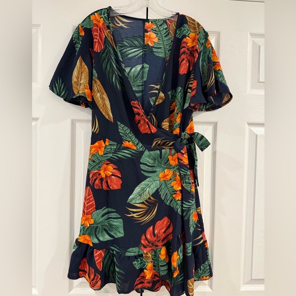 Women’s Tropical Ruffled Short Sleeve Wrap Sundress